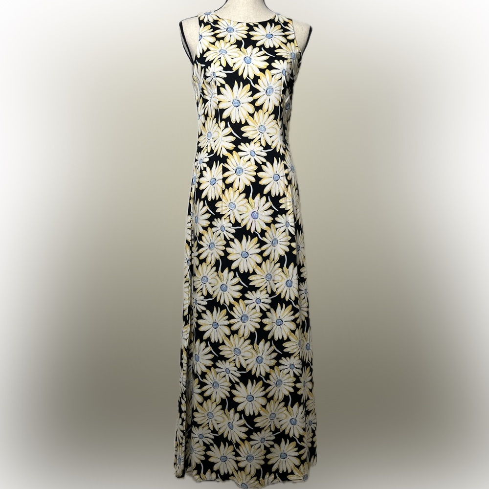 R-Wear Rampage Maxi Dress Floral Daisy Size 7 Vintage 90s Rayon Sleeveless Black